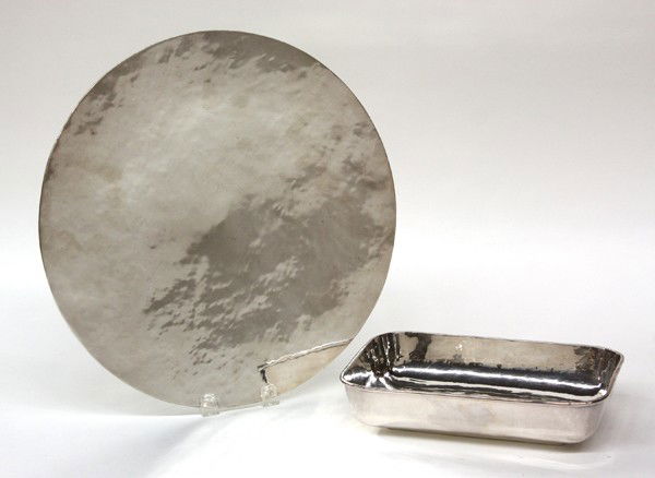 Arts and Crafts hammered metal group: (Lot of 2) Arts and Crafts style hammered metal group executed by Dorothy Boyd Sailor, student of Agatha Van Erp (Hooy), daughter of Dirk Van Erp, consisting of a hammered silver plate footed charger
