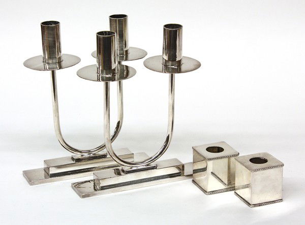 Art Deco candlesticks: (Lot of 4) Art Deco silverplate candlesticks executed by Dorothy Boyd Sailor, student of Agatha Van Erp (Hooy),Dirk Van Erp daughter, one pair having a conjoined two light body terminating at the rect