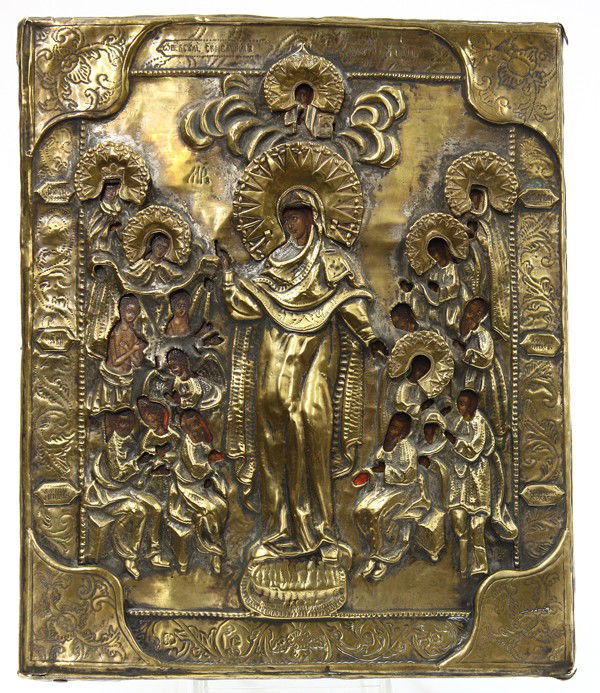 Russian icons, Mother of God Joy All Who Sorrow: (Lot of 3) Russian icons, each with a brass rizza, one the Mother of God Joy of All Who Sorrow, circa 1880, depicting the Theotokos, a most beautiful blossom of heaven, standing among the flowers of p