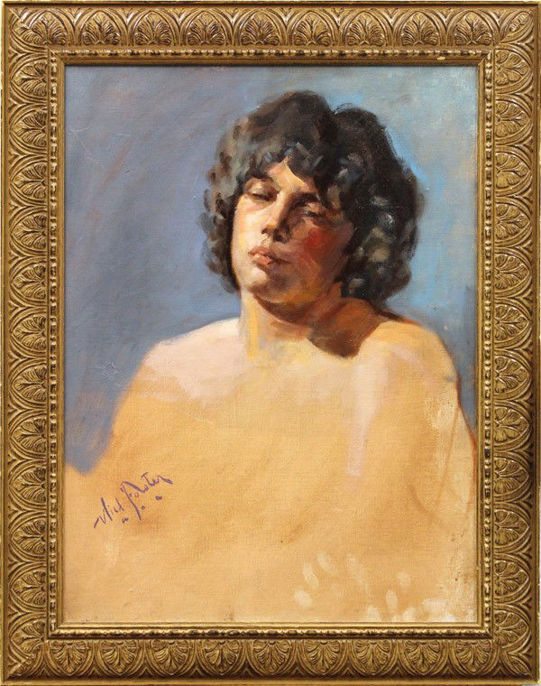Painting, William Frederick Foster: Framed oil on canvas board, Unfinished Portrait, by William Frederick Foster (American, 1883-1953), signed lower left, sight: 23.5''h x 17.5''w, overall: 29''h x 23.25''w