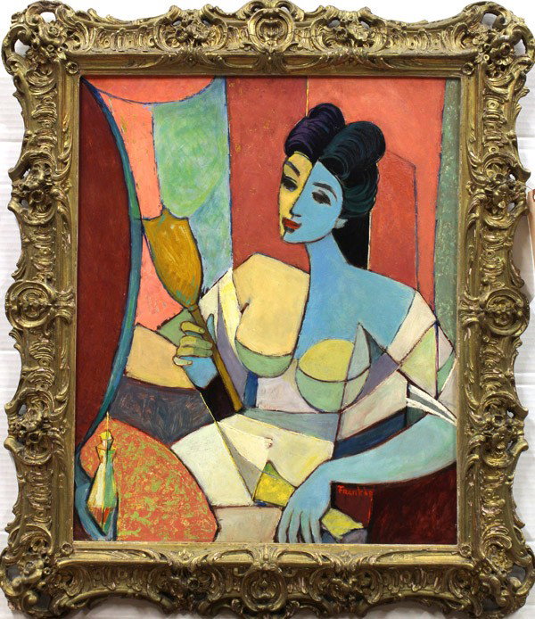 Painting, Frank Ward Kent: Framed oil on masonite, In The Boudoir,'' 1969, by Frank Ward Kent (Californian, 1912-1977), signed and dated ''Frank '69'' lower right, signed, titled and dated verso, board: 24.5''h x 20.25''w, 32''