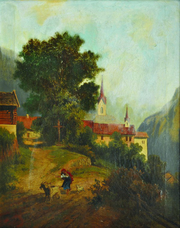 Painting, Karl Conrad Friedrich Bauer: Framed oil on canvas, ''Abschrift, Aus Dem Thieme-Becker Kunstler-Lexicon,'' by Karl Conrad Friedrich Bauer (German, 1868-1942), signed lower right, title label affixed verso, canvas: 19''h x 15.25''w