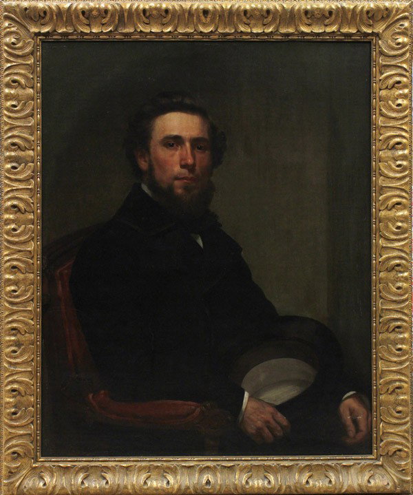 Painting, Portrait of J. Moller: Framed oil on canvas, Portrait of Young J. Moller, American School (19th century), unsigned, canvas: 36''h x 29''w, overall: 42''h x 35''w. Note: This portrait is of sugar industrialist, John Moller. 