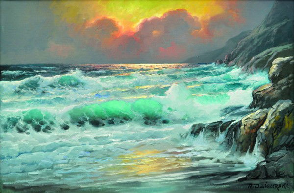 Painting, Alexander Dzigurski, Sunset: Framed oil on canvas, ''Sunset,'' by Alexander Dzigurski (Californian, 1911-1995), signed ''A. Dzigurski'' lower right, canvas: 24''h x 36''w, overall: 32.75''h x 44.5''w
