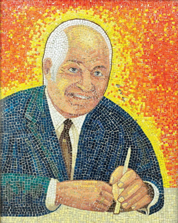 Mosaic, Beniamino Bufano, Mayor Joseph Alioto: Framed mosaic, ''Mayor Joseph Alioto,'' by Beniamino Bufano (Italian/Californian, 1898-1970), letter of authenticity affixed verso, mosaic: 24.5''h x 19.5''w, overall: 32.25''h x 27.5''w