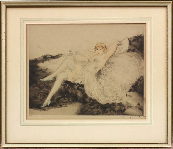 Etching, Louis Icart, White Underwear: Framed etching and aquatint with handcoloring, ''White Underwear,'' 1925, by Louis Icart (French, 1888-1950), pencil signed ''Louis Icart'' lower right, numbered edition of 500 lower left, bears Les G