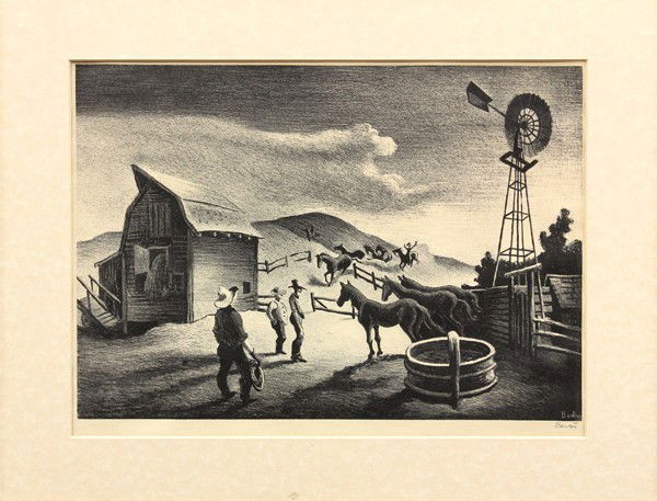 Lithograph, Thomas Hart Benton, The Corral: Unframed lithograph, ''The Corral,'' by Thomas Hart Benton (American, 1889-1975), signed in pencil ''Benton'' lower right, overall: 14.125''h x 18''w