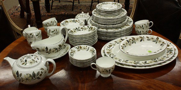 Wedgwood 'Beaconsfield' table service: (lot of 69) Wedgwood ''Beaconsfield'' pattern partial table service for eight, including (9) dinner plates 10.75''w, (3) luncheon plates, (8) salad plates, (8) bread and butter plates, (8) soup bowls,