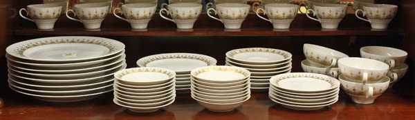 Tirschenreuth table service: (lot of 62) Tirschenreuth German porcelain partial dinner service for eight, consisting of (8)dinner plates 11'', (6) salads, (8) berry bowls, (6) consomme with (8) underplates, (5) breads, (8) cups w