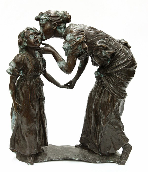 Bronze, Mother Kissing Her Child: Bronze sculpture, Mother Kissing Her Child, Continental School style, underside in marked Chinese 'Jiamusi shi dian ye' (=Jiamusi city electric company), overall: 16.5''h x 13.5''w x 5.75''d