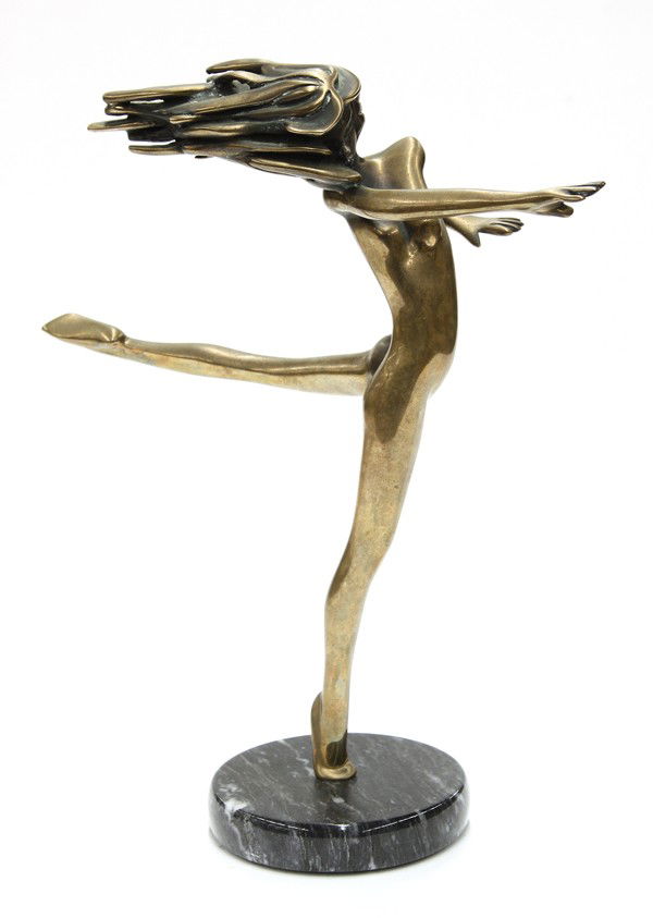 Sculpture, Tom Bennett (Bennett Bros), Free Spiri: Bronze sculpture, ''Free Spirit,'' by Tom Bennett/Bennett Brothers (Californian, 20th century), signed lower right, edition 203/250, dark grey marble base (circular), overall: 11.75''h x 4.25''w x 9.5