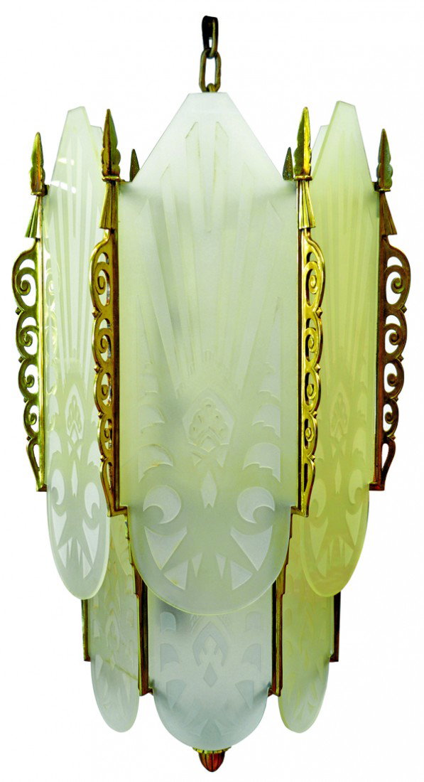 Art Deco gilt bronze light fixture: Art Deco gilt bronze and etched glass hanging light fixture circa 1930, the gilt bronze supports having conjoined and graduated wave form detail framing the tiered etched glass panels, original to a S