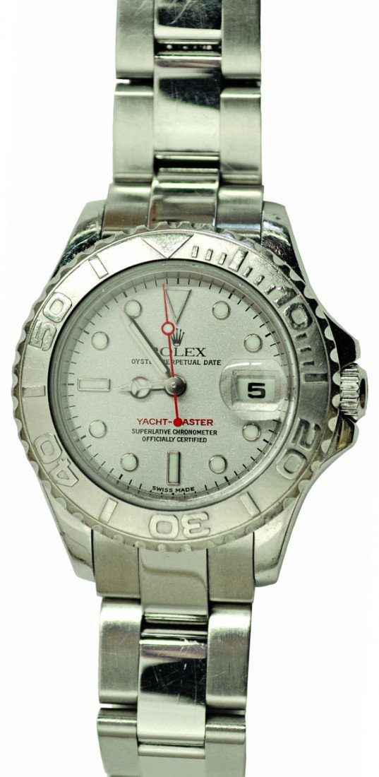 Lady's ROLEX Yachtmaster wristwatch: Lady's ROLEX Yachtmaster wristwatch; of stainless steel, having a platinum dial, fave and oyster bracelet with flip-lock deployant clasp. Model 169622. Serial #A499812. Including box, carrying case, c