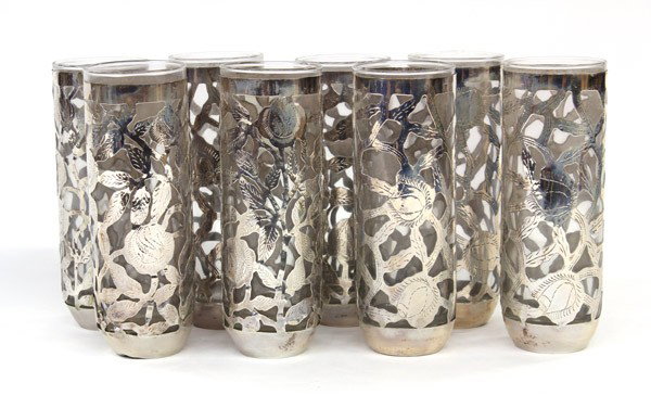 Sterling fitted sleeves: Set of eight Mexican sterling silver open work foliage sleeves fitted with collins cocktail glasses