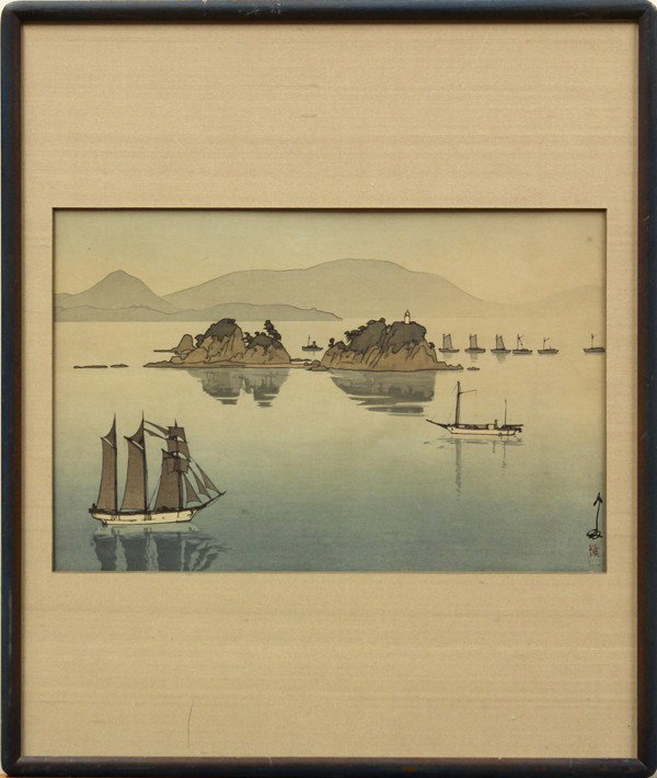 Japanese Modern Print, Hiroshi Yoshida, Nabeshima: Framed Japanese modern woodblock print, entitled Nabeshima/Nabeshima (Ogura #137), from the Inland Sea series, the left margin dated Showa 5 (1930) and with the two-character jizure seal, signed in pe