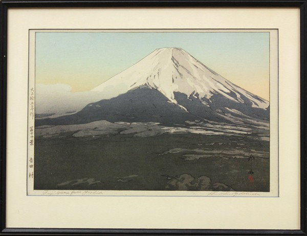 Japanese Modern Print, Hiroshi Yoshida, Fuji: Framed Japanese modern woodblock print, Fujiyama from Yoshida/Yoshida-mura (Yoshida village) [Ogura #49], from the Ten Views of Fuji series, the left margin with date notation Taisho 15 (1926), with i