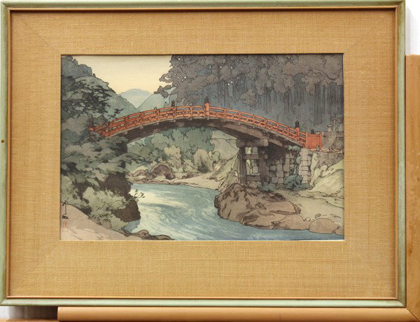 Japanese Modern Print, Hiroshi Yoshida, Bridge: Framed Japanese modern woodblock print, Sacred Bridge/Shinkyo (Sacred Bridge) [Ogura #220], Showa 12 (1937), with impressed signature of Hiroshi Yoshida (Japanese, 1876-1950), (slightly faded, tape re