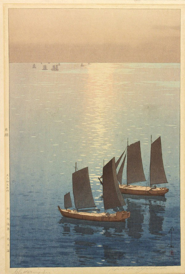 Japanese Modern Print, Hiroshi Yoshida, Sailboat: Unframed Japanese modern woodblock print, Glittering Sea/Hikaru umi (Glittering Sea)[Ogura #38], from the Inland Sea series, the left margin with jizure and date notation Taisho 15 (1926), signed in p
