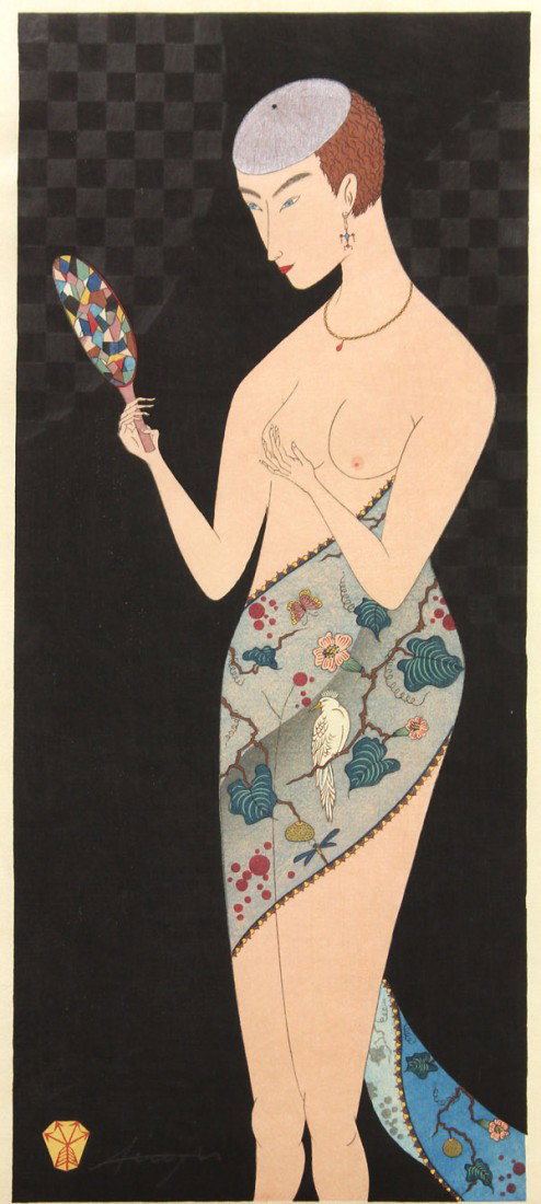 Japanese Modern Print, Katsuhara Shinya: Unframed Japanese modern print, 'Art Deco Beauty,' of a partially nude blue-eyed woman admiring herself in a hand-held mirror, circa 1980, with one seal and pencil signature of Katsuhara Shinya (Japan