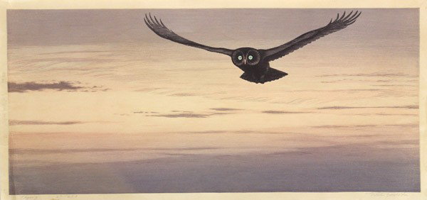 Japanese Oversize Print, Toshi Yoshida: Japanese oversize woodblock print, Flying, depicting an owl in flight silhouetted against a twilight sky, left margin with the jizure notation and date 1975, edition notation 87/250, the bottom right 