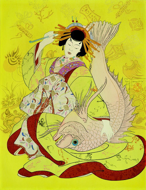Two Oversize Woodblock Prints, Paul Jacoulet: (Lot of 2) Unframed modern Japanese modern woodblock prints, each signed in pencil Paul Jacoulet (French, 1902-60) and with cartouches of carver Maida and printer Onodera: the first Ebisu, Dieu du Bon