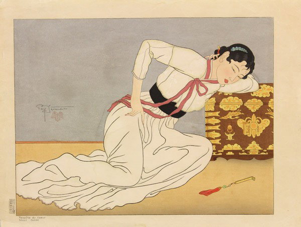 Two Oversize Woodblock Prints, Paul Jacoulet: (Lot of 2) Unframed Japanese modern woodblock prints, each signed in pencil Paul Jacoulet (French, 1902-60) and with carver cartouche of Maida: the first L'Attente, Celebes Menado (Waiting, Celebes Me