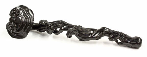 Chinese Zitan Stained Ruyi Scepter: Chinese zitan-stained hardwood ruyi scepter, carved and undercut as a branch of lingzhi with multiple heads and entwined by a bough of pine needles, 17''l