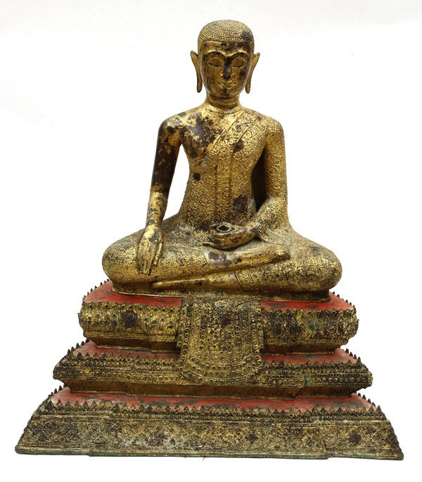 Thai Gilt Bronze Buddhist Figure,: Thai gilt bronze buddhist figural sculpture, 19th/early 20th century, depicting a monk seated in meditation on a lotus throne raised on an elaborate stepped pedestal, the left hand in the gesture of e