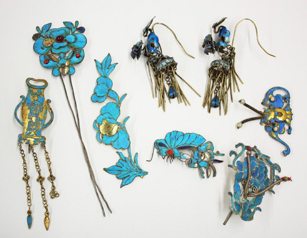 Chinese Kingfisher Ornaments/Enameled Earrings: (Lot of 8) Group of Chinese Kingfisher feather hairpins and ornaments, most with butterfly-and-blossom motifs, one of a vase suspending miniature pendants (some losses to feathers); together with a mu