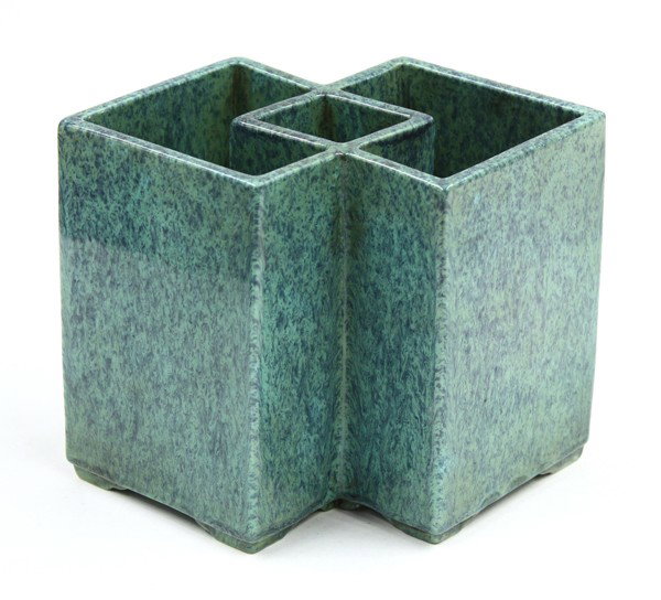 Chinese Robin's Egg Glazed Double-Lozenge Vase: Chinese robin's egg glazed vase, fashioned as two conjoined lozenges forming a smaller lozenge to the interior and raised on eight short supports, the straight sides and base covered in the characteri