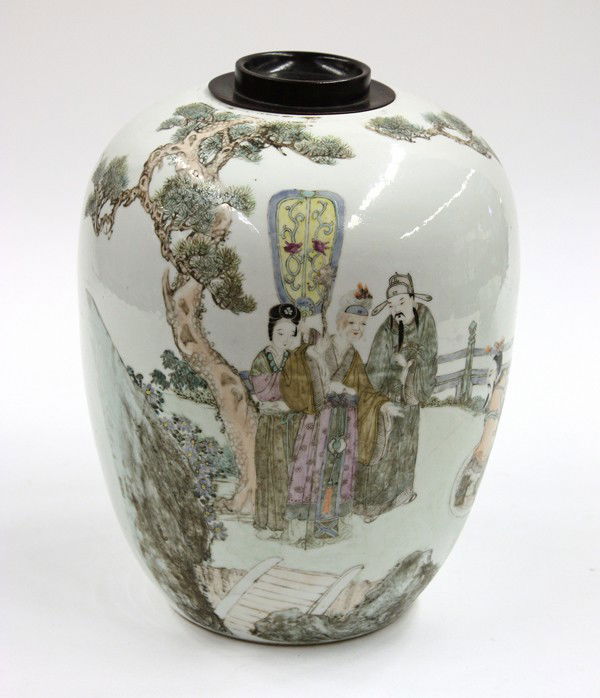 Chinese Enameled Porcelain Jar: Chinese polychrome enameled porcelain jar, the tapering ovoid body decorated with a scholar kneeling in front of an elderly matriarch accompanied by a scholar in a green robe along with a maiden carry