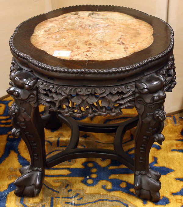 Chinese Export Low Stand with Marble Inlay: Chinese export low hardwood stand with marble inlay, with a bead edge framing a eight-lobed russet and gray mottled marble plaque, the apron pierced with fruiting gourds alternating with supports fash
