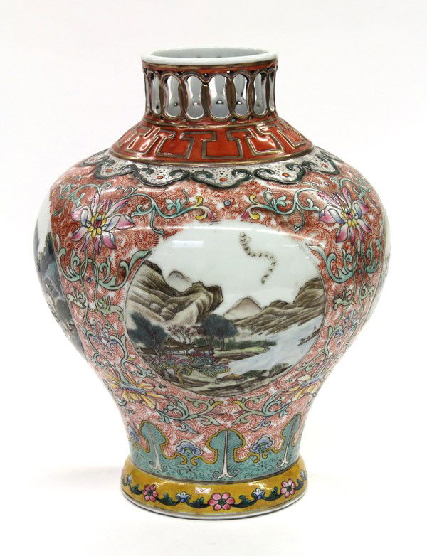 Chinese Enameled Porcelain Vase, Landscape Reserve: Chinese polychrome enameled porcelain vase, the cylindrical neck of an openwork linked chain pattern on a sloping orange shoulder with gilt T-shaped scrolls, all contrasting with molded ruyi bands abo