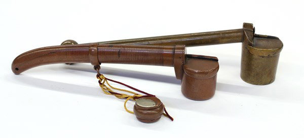 Japanese Yatate (Traveling Writing Set): (Lot of 2) Japanese copper and bronze traveling writing sets (yatate), each with a long hollow shaft for a brush and cylindrical ink container accessed by a hinged lid, the smaller with a small two-si