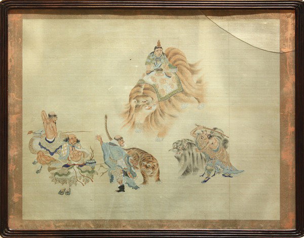 Chinese Painting, Buddhist Luohans: Framed ink and color on silk, Buddhist Luohan, featuring five of the eighteen luohan depicted with characteristic attributes and mounts, image: 16.3''h x 21''w, overall: 19.6''h x 25''w
