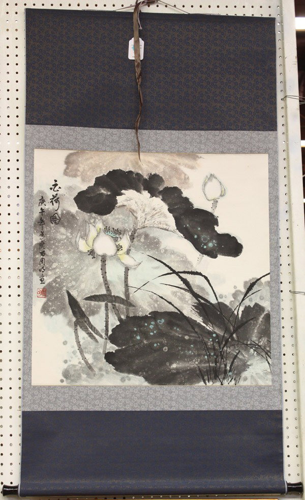Chinese Scroll, Zhou Ming, Lotus: Hanging scroll, ink and color on paper, Lotus, by Zhou Ming (Chinese, b.1964), the upper colophon with the title followed by the cyclical date 'gengwu', signed and sealed Zhou Ming, sight: 25.75''h x 