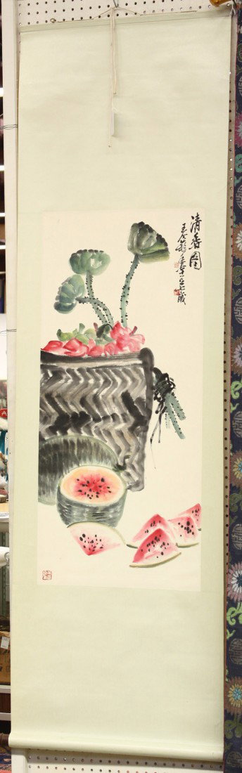 Chinese Scroll, Wang Geyi (after), Watermelon: Hanging scroll, Lotus and Watermelon, after Wang Geyi (1897-1988), the upper right entitled 'qing xiang tu' (=fragrance), bearing the signature 'Wang Geyi' and three seals, sight: 39.75''w x 18''w, ov