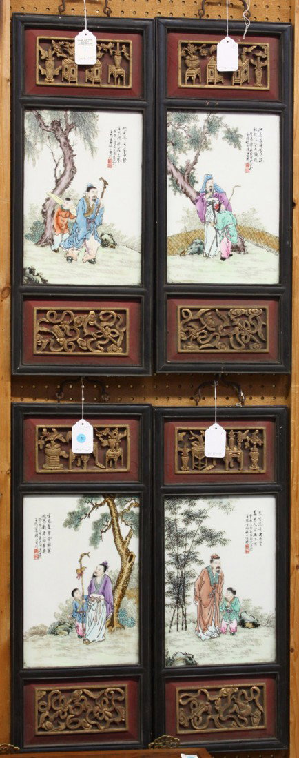 Set of Chinese Porcelain Plaques, Figures: (Lot of 4) Set of Chinese enameled porcelain plaques, each depicting a scholar and young attendant in landscape, the upper section with an inscription bearing the name 'Wang Qi' and two seals, set bet