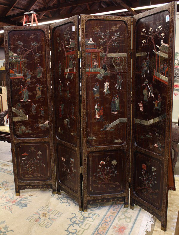 Chinese Inlaid Wooden Floor Screen: Chinese inlay decorated four-panel folding wood screen, with a continuous scene of figures in pavilions observing elegant pursuits on a garden terrace, including beauties and children at play, dancers