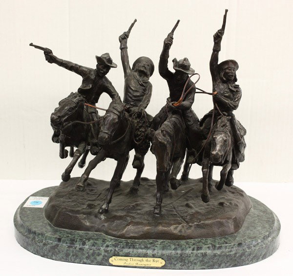 Western items: Frederic Remington style bronze sculpture ''Coming Through The Rye'' raised on a marble plinth, 13''h