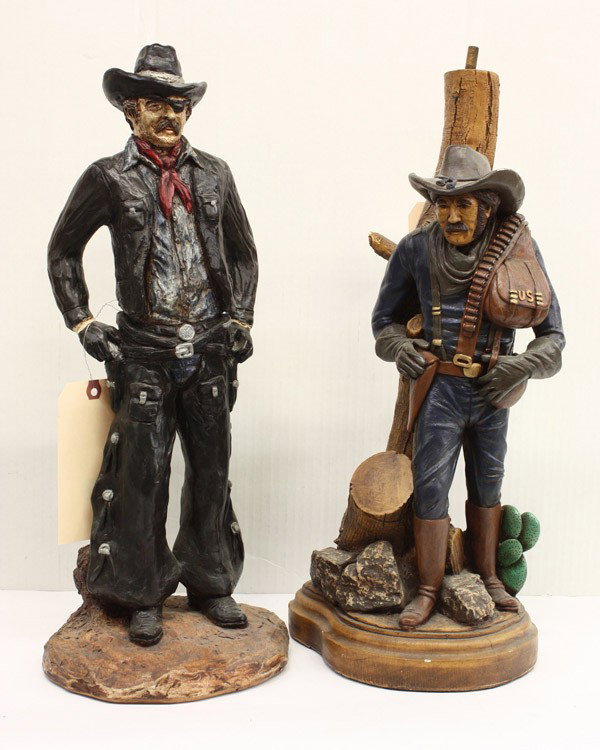 Western items: (lot of 2) Western polychromed composition sculptures including a gun slinger and a U.S. Marshall, tallest: 21''h