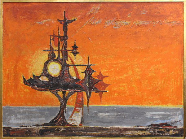 Painting, Modern, Abstract: Framed oil on canvas, ''Norse Calendar,'' 1966, American School, signed and dated ''Guy Street '66'' lower right, titled verso, overall: 30.75''h x 41''w