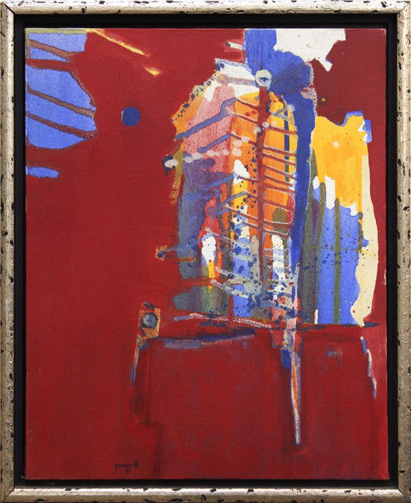 Painting, possibly by Silvio Giovenetti: Framed oil on canvas, Warm Abstract, 1980, possibly by Silvio Giovenetti (Italian/American, 20th century), signed and dated ''Giovenetti '80'' lower left, overall: 22''h x 18''w