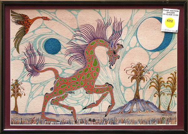 Watercolor, Jesse Allen, Young Giraffe: Framed watercolor, ''Young Giraffe in the Evening,'' 1968, by Jesse Allen (American, b. 1936), signed and dated lower right, overall: 10.25''h x 14.25''w. Provenance: Purchased at Vorpal Galleries, Sa