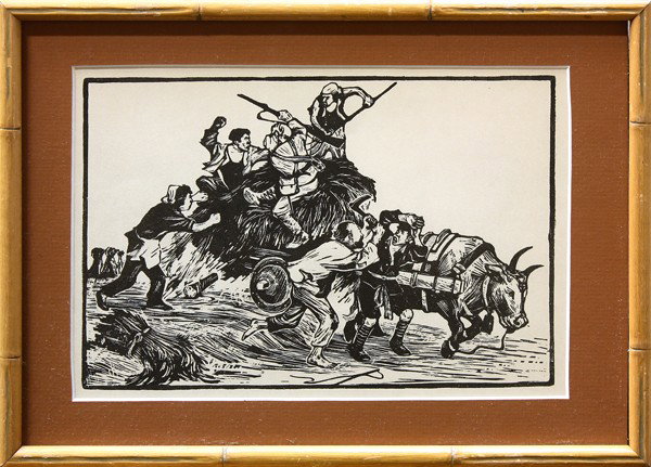 Woodcuts, Communist Propaganda: (lot of 2) Framed woodcuts, Communist Propoganda, circa 1950, Chinese school, inscriptions verso, overall: 10''h x 14''w each
