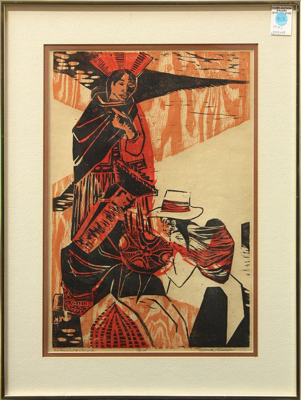 Woodcuts, Women, Modern: (Lot of 2) Framed woodcuts, ''Discovery,'' 1962, by Birdie Boyles (Californian, 1916-2008), pencil signed and titled within lower margin, and ''Women of Cuzco,'' 20th century, signed ''Marta Nelson'' 