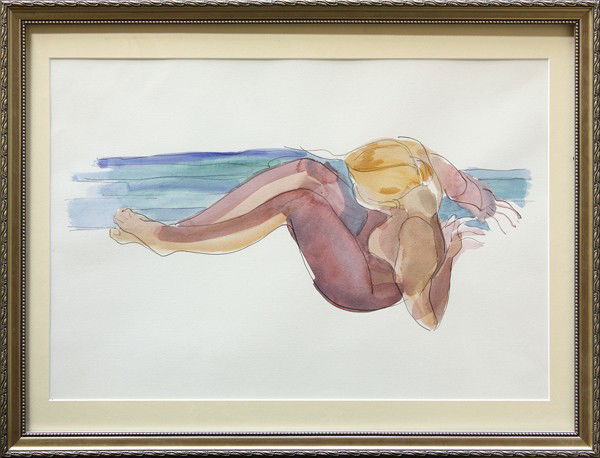 Watercolor, attributed to James Grant, Nude Women: Pair of framed watercolors, Fluid Women, attributed to James Grant (Californian, 1924-1997), inscribed ''From the studio of James Grant'' verso, overall: 20''h x 26''w