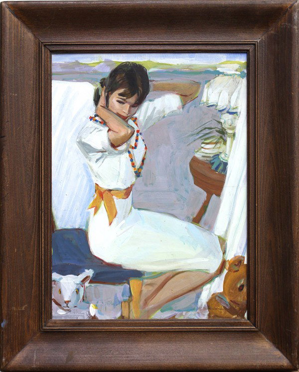 Painting, Manner of Robert Hancock, Woman in White: Framed double-sided tempera on board, Woman in White (side one) and abstract composition (side two), in the manner of Robert Hancock (Finnish, 1912-1993), inscriptions on board verso, overall: 29''h x