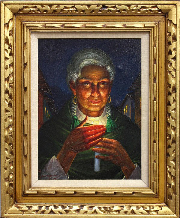 Paintings, Man Lighting Cigarette and Woman: (Lot of 2) Framed oils on canvas, Man Lighting a Cigarette and Woman with a Candle, possibly South American, 20th century, unsigned, largest overall: 23.75''h x 20''w