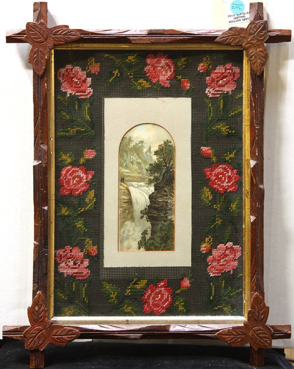 Two prints and a Still Life: (Lot of 3) Framed color lithograph and engravinging, Figures by a Waterfall and Figures in a Garden, Continental School (19th century), unframed oil on panel, Still Life, 1934, signed and dated ''W. B